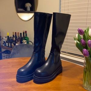 Black Cleated Sole Faux Leather Knee High Boots